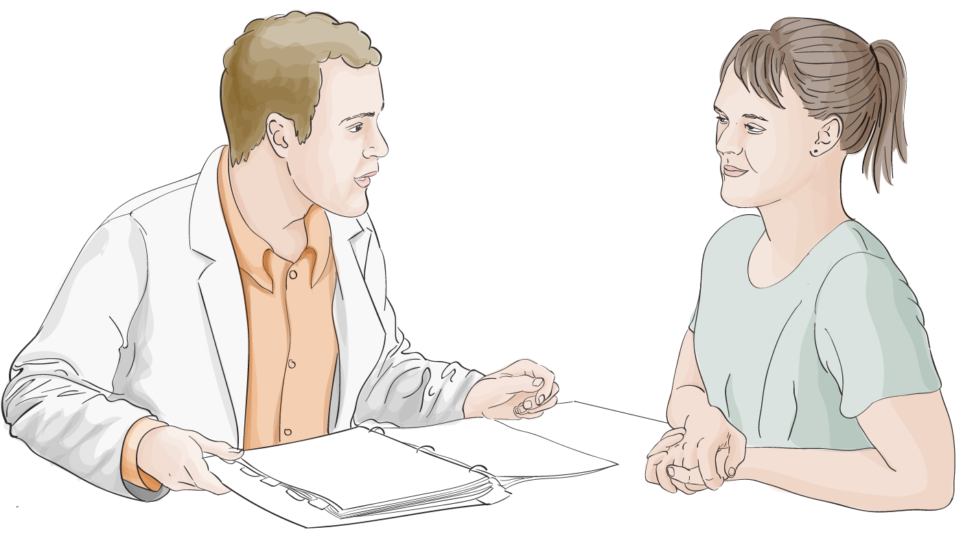 A primary care provider sits at a table next to a trans patient and is engaging in conversation, about to ask a question.