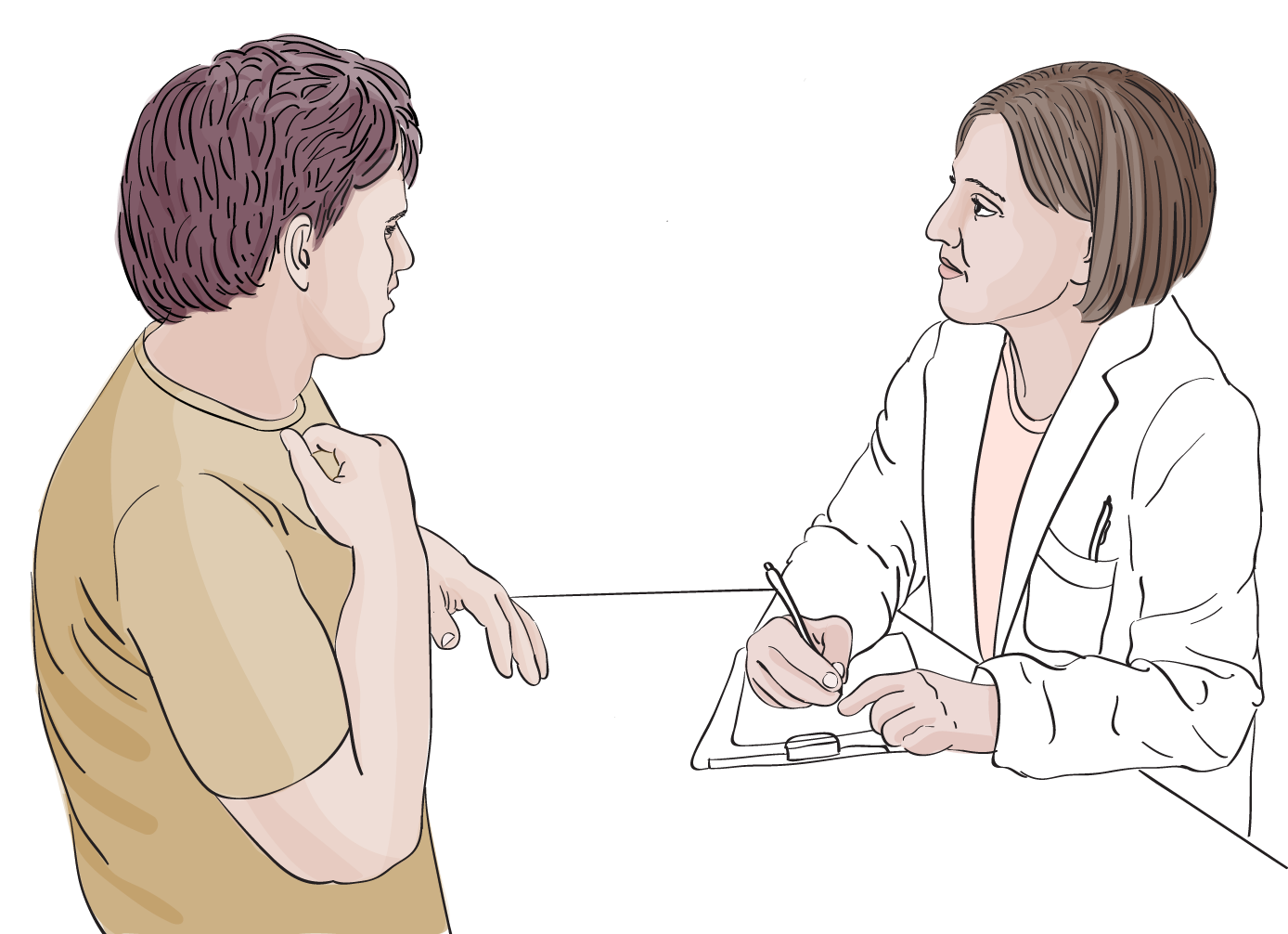 A health care provider sits next to a patient and listens to what the patient has to say while taking notes. They are both sitting at a table in the doctor's office.