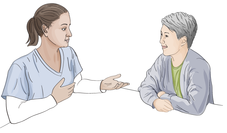 A primary care provider sits next to a trans client. The nurse is looking at the client and about to ask a question.