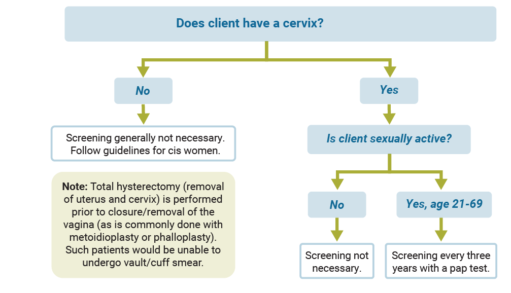 Diagrammatic flow chart representation of cervical screening recommendations for patients on hormone therapy. If the client does not have a cervix, screening generally is not necessary - follow guidelines for cis women. Note: Total hysterectomy (removal of uterus and cervix) is performed prior to closure/removal of the vagina (as is commonly done with metoidioplasty and phalloplasty). Such patients would be unable to undergo vault/cuff smear. If client has a cervix and is sexually active (aged 21-69) then screening every three years with a Pap test is recommended. If client has a cervix and is not sexually active then screening is not necessasry.