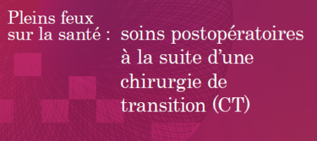 Pleins feux sur la santé : La présente ressource éducative, Pleins feux sur la santé, a été conçue pour souligner les besoins en soins postopératoires des clients trans et non binaires qui accèdent à une chirurgie de transition (CT). Ce document vous aidera à cerner les obstacles aux soins postopératoires pour les clients trans et non binaires qui se remettent d’une CT et les stratégies qui peuvent être utilisées pour améliorer les expériences postopératoires. OBJECTIF soins postopératoires à la suite d’une chirurgie de transition (CT)