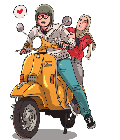 An illustration of two people on a scooter, for About Lesbian Health.