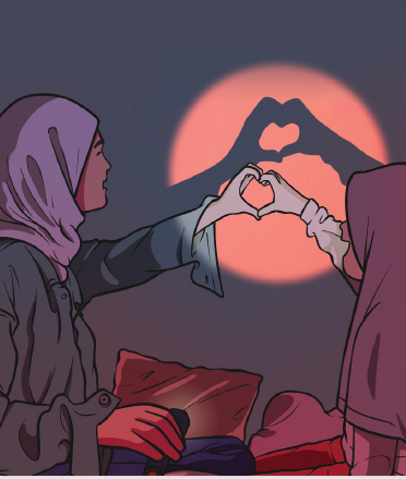 illustration of a parent and child holding their hands up to make a reflection of a heart