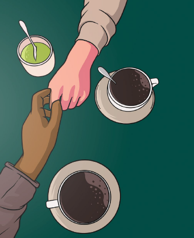 Illustration of two hands reaching out over two cups of coffee.