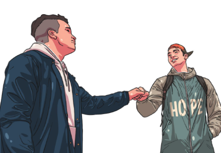 Illustration of two masculine people doing a fist bump