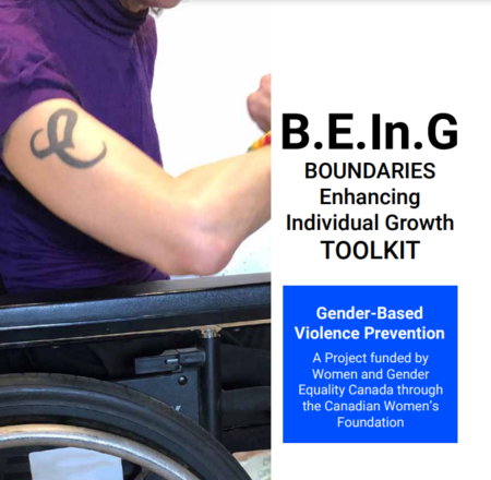 The front cover image of BEING, featuring a person in a mobility device showing a tattoo of a symbol on their right arm.