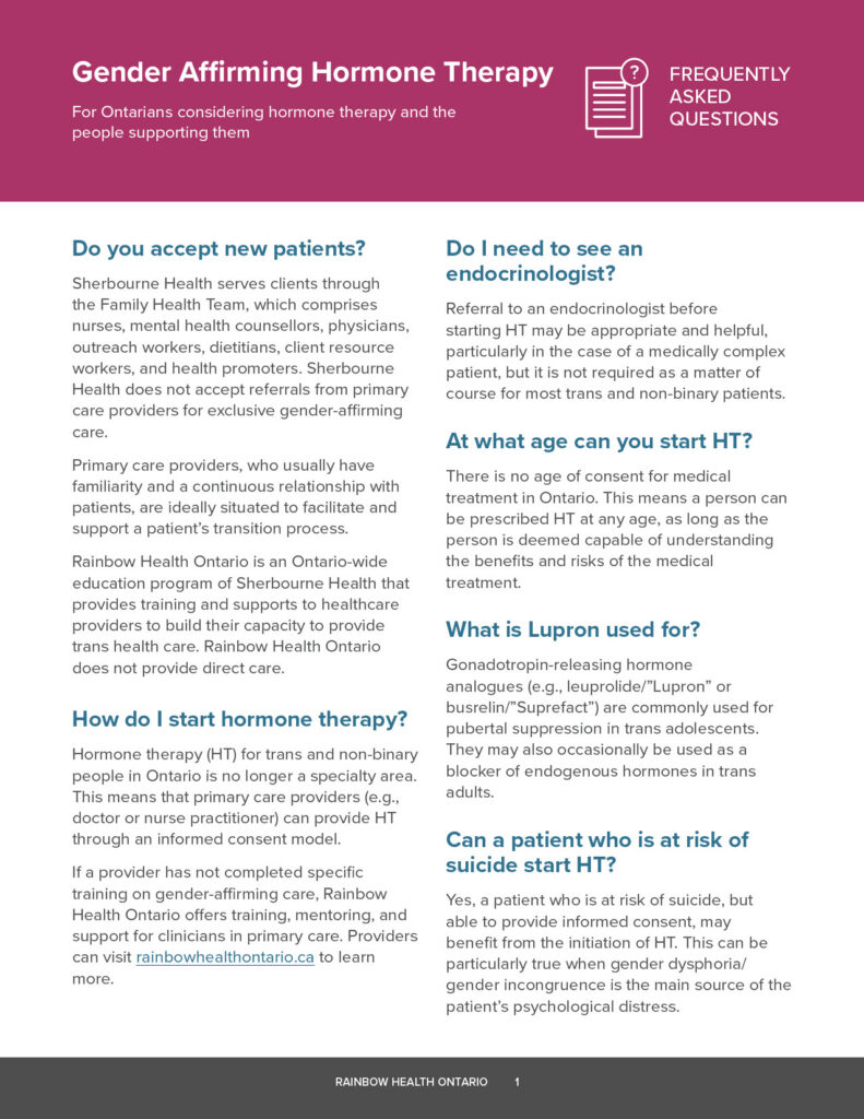 Gender Affirming Hormone Therapy FAQ | Rainbow Health Ontario